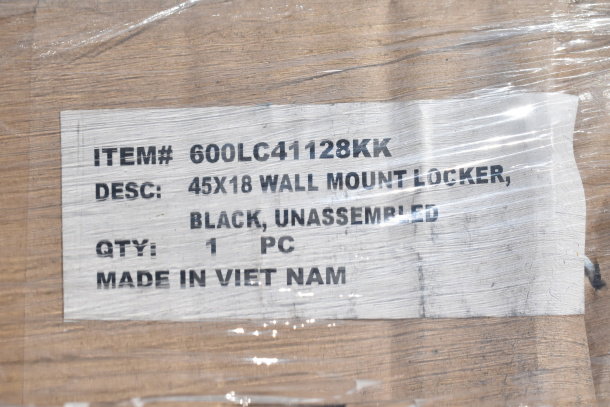 Label displaying Item# 600LC41128KK for 45x18 wall mount locker. Black, unassembled, made in Vietnam. Quantity: 1 piece.