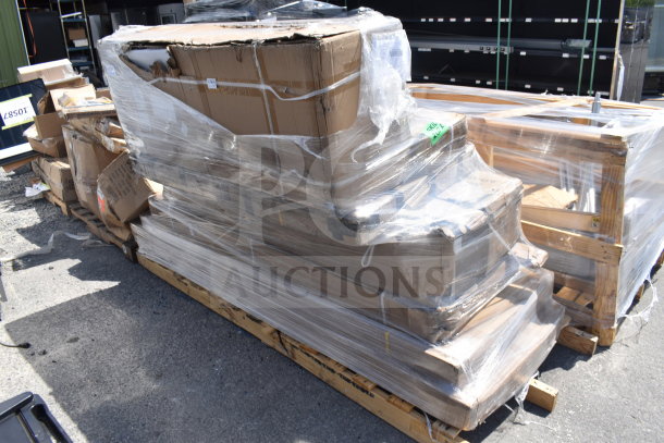 Pallet with 6 new scratch and dent items, including a work table and air curtain, wrapped in plastic for auction.