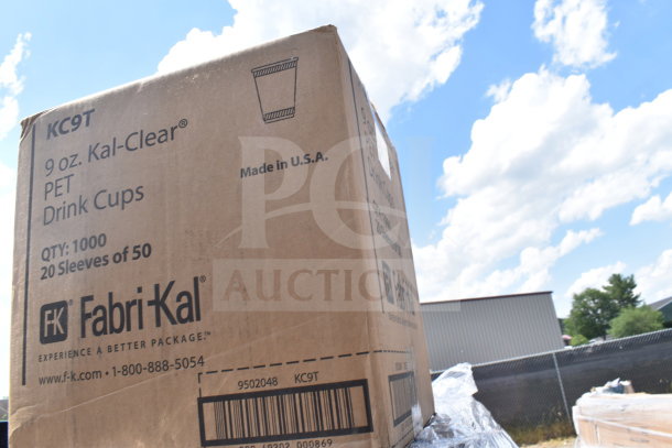 Box of 9 oz. Kal-Clear PET drink cups by Fabri-Kal. Qty: 1000, 20 sleeves of 50. Made in USA. New condition.