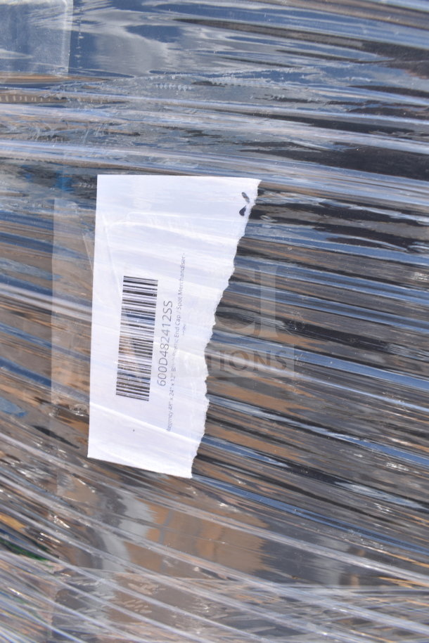 Plastic-wrapped pallet with label showing barcode and product code "600D482412SS". Contains 12 scratch and dent items.