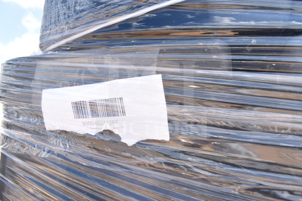 Plastic-wrapped pallet of new scratch and dent items, including display base and cups. Visible label with barcode and "600D482412PP."