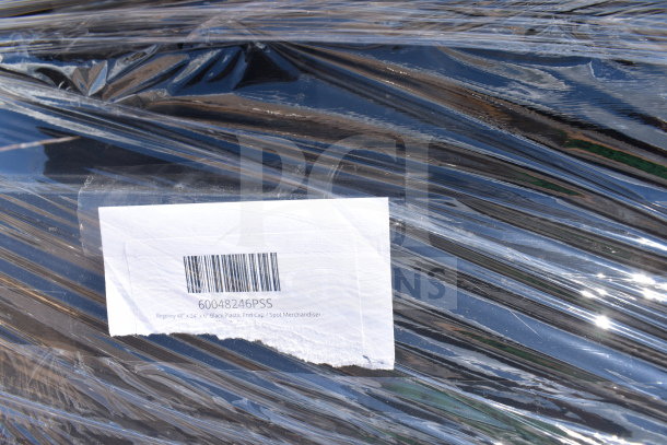 Plastic-wrapped package containing 12 scratch and dent items, barcode visible with code 60048246PSS, includes display base and cups.