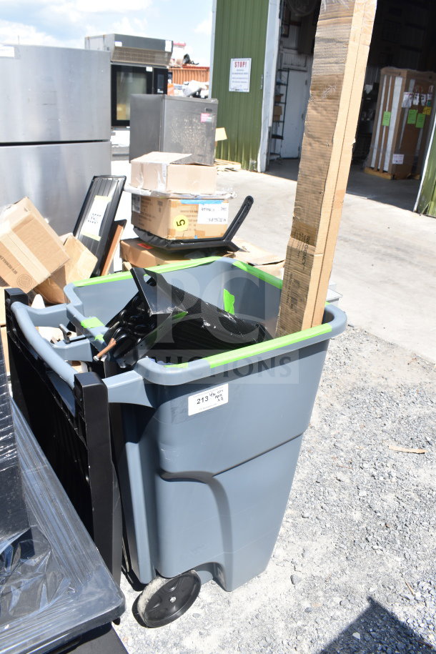 Brand new scratch and dent items including trash can, plates, and posts. Item price multiplies by bid, visible wear.