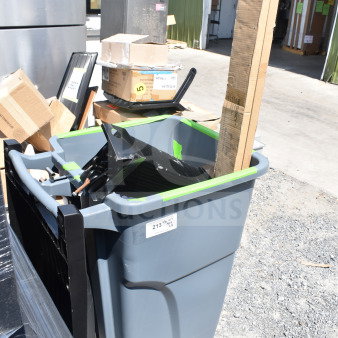 Brand new scratch and dent items including trash can, plates, and posts. Item price multiplies by bid, visible wear.