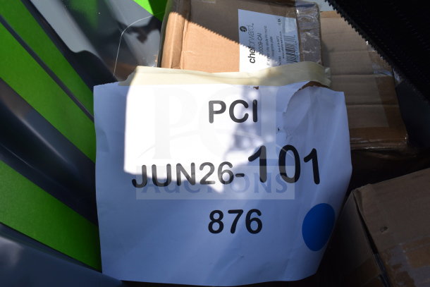 9 items including trash can, plates, posts, labeled JUN26-101. New scratch and dent condition, auction lot.