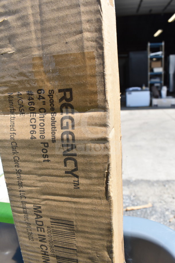 Regency 64" Chrome Post in box, part of scratch and dent auction lot including trash can and plates, brand new condition.