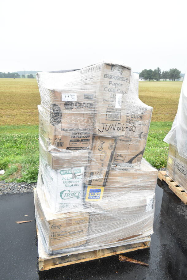 Pallet of 25 new scratch and dent items including hot cups, food trays, cold cups. Boxes labeled with brand names.