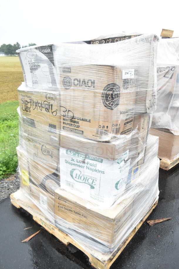 Shrink-wrapped pallet with various boxes of brand new, scratch and dent items including cups, trays, napkins.