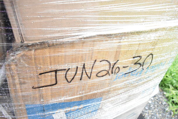 Plastic-wrapped boxes labeled "JUN26-30," containing 25 new scratch and dent items including cups and trays.