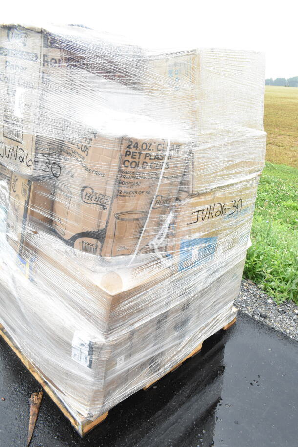 Pallet of 25 scratch and dent items including hot cups and food trays, sealed in plastic wrap, marked "JUN26-30".