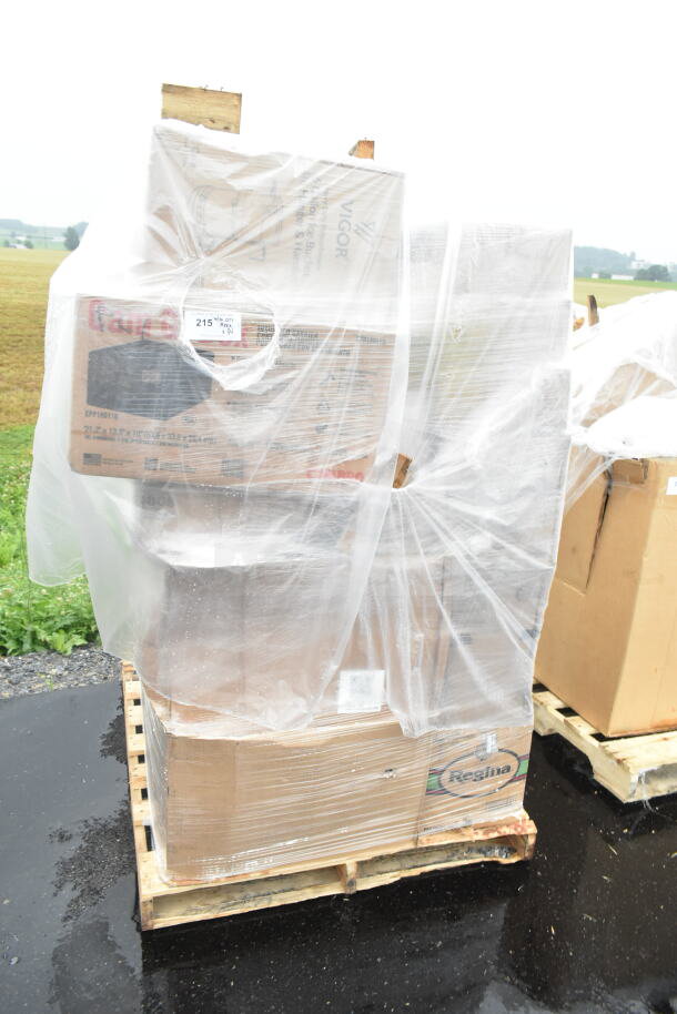 Pallet with 34 new scratch and dent items, including wine glasses, fast food trays, cutting board, and mop bucket, wrapped in plastic.