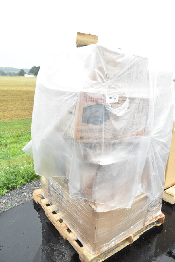 Covered pallet containing 34 brand new scratch and dent items, including wine glasses, trays, and a mop bucket. Labels visible.
