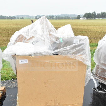 Cardboard box of 12 new scratch and dent items, including sieve, chafer, sink bowl, wrapped in plastic on a pallet.