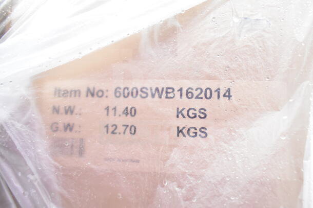 Plastic-wrapped box with visible label showing item number 600SWB162014, net weight 11.40 kg, and gross weight 12.70 kg.