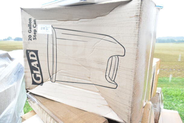 Cardboard box labeled "Glad 20 Gallon Step Can," slightly dented. Part of 22 new scratch and dent items auction.