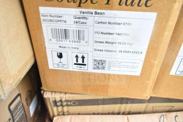 Cardboard boxes labeled "Vanilla Bean," showing item details like item number, quantity, carton number, and handling instructions.