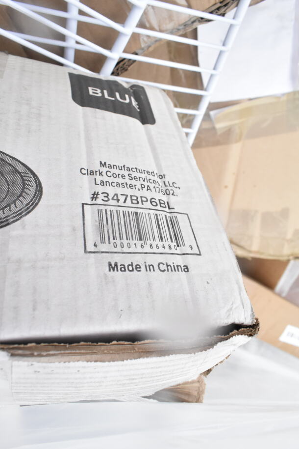 Cardboard box with #347BP6BL, "Made in China". Includes tray stand, plastic plates. Manufactured for Clark Core Services, LLC.