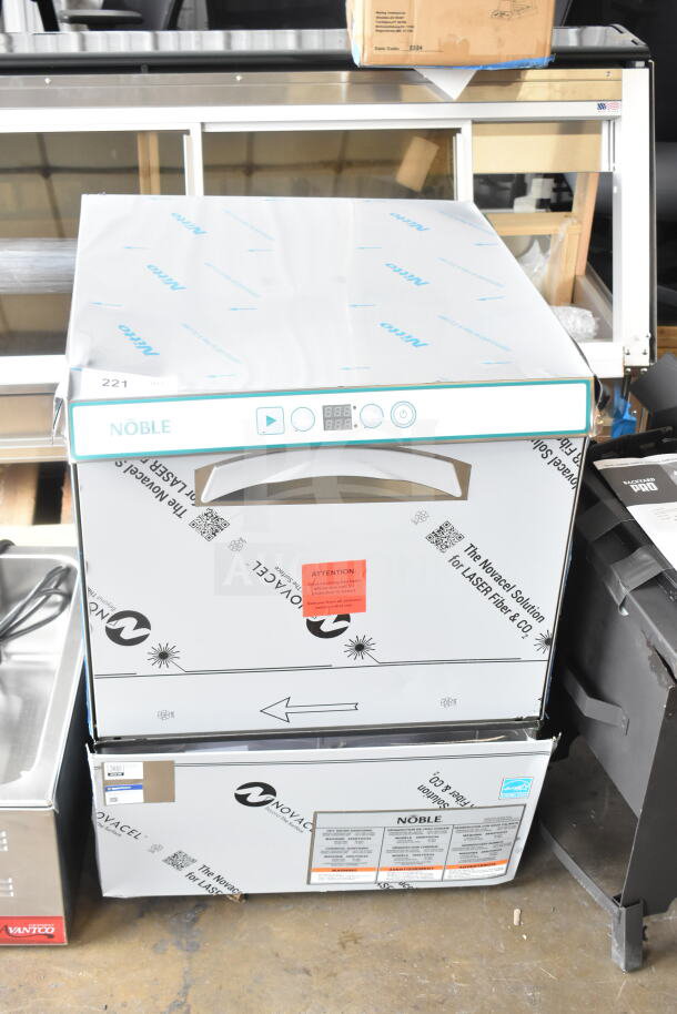 BRAND NEW Noble 495LTUC24 Commercial Low-Temp Undercounter Dishwasher, 120V, scratches and dents, protective wrap visible.