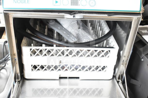 Brand new Noble 495LTUC24 low-temp undercounter dishwasher; 120V, 1 phase, visible scratch and dent, packaged accessory included.