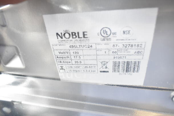 Noble 495LTUC24 dishwasher label showing voltage 120V, amps 17.5, and model details. Scratch and dent condition, UL listed.