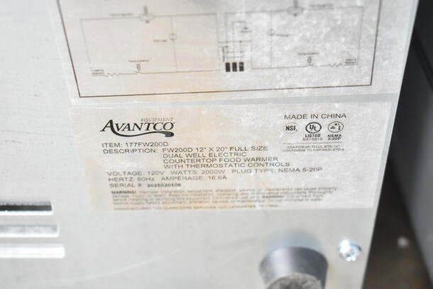 Avantco 177FW200D food warmer label showing model details, voltage, wattage, plug type, and certification marks.