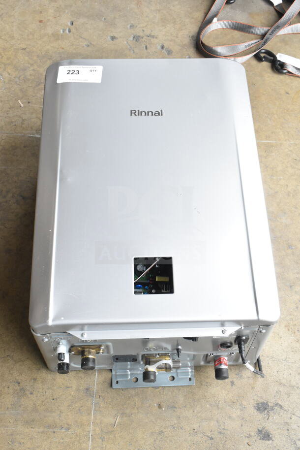 Brand new Rinnai SENSEI RX199iN tankless water heater, 199,000 BTU, 11.0 GPM, scratch and dent, visible label with item info.