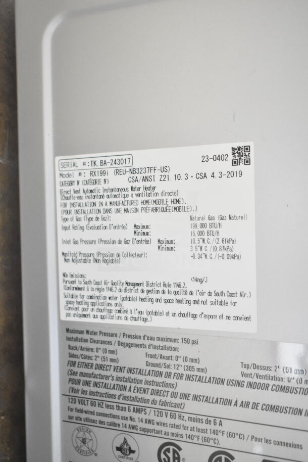 BRAND NEW Rinnai SENSEI RX199iN tankless water heater, 199,000 BTU, 11.0 GPM, dual fuel, wall-mounted, model label visible.