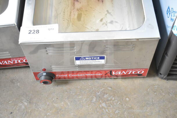 Avantco 177W50CKR full-size electric food warmer, 12" x 20", stainless steel, countertop model, with visible control knob and safety notice.