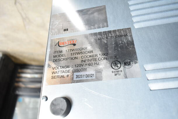 Avantco 177W50CKR electric food warmer label showing 120V, 1500W, serial number 20251136521, with UL and NSF marks.