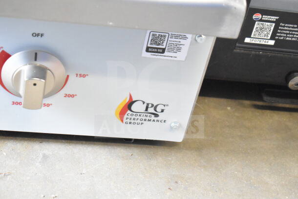 BRAND NEW Cooking Performance Group G-CPG-12-M 12" electric griddle, 351GCPG12M model, controls, branding visible.
