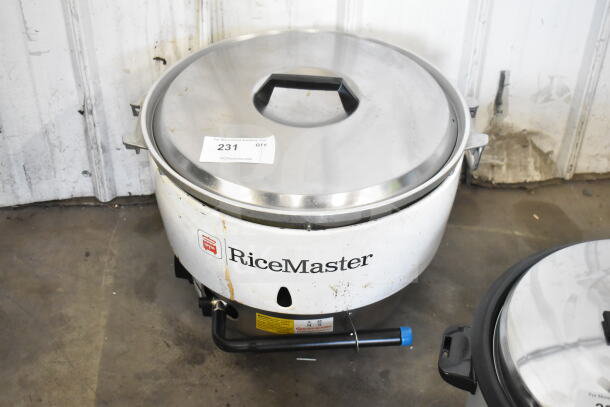 RiceMaster RM-55N-R gas rice cooker, 110 cup capacity. Used condition with visible wear. Auction tag indicates item number 231.