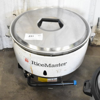 RiceMaster RM-55N-R gas rice cooker, 110 cup capacity. Used condition with visible wear. Auction tag indicates item number 231.