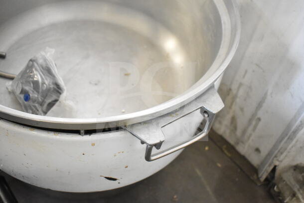 RiceMaster RM-55N-R gas rice cooker, 110 cup capacity, visible wear, handles, interior view, 34,600 BTU output.