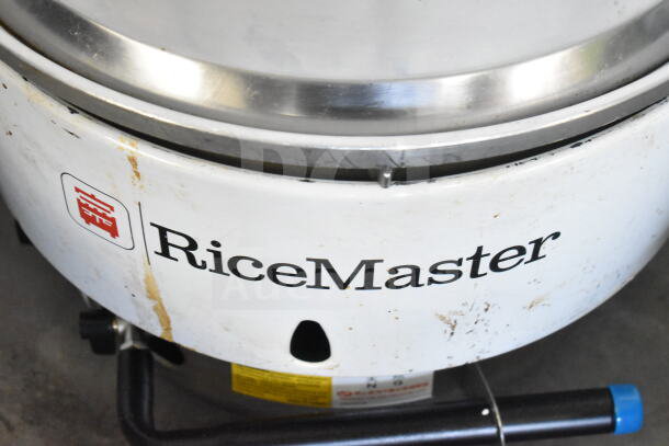 RiceMaster RM-55N-R 110 Cup Gas Rice Cooker, 34,600 BTU, some wear marks, visible logo, sturdy construction.