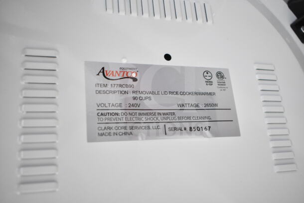 Avantco RCB90 rice cooker label, 90 cups capacity, 240V, 2650W, serial 850167, made in China.