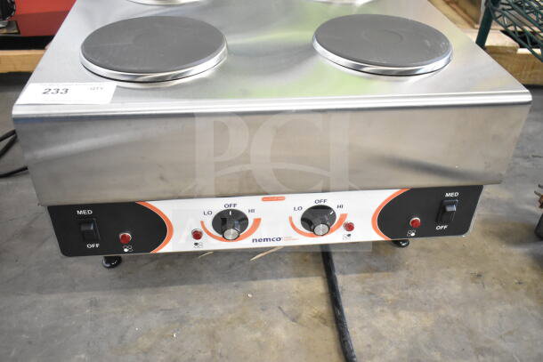 Brand new 2025 Nemco 6311-4 electric countertop hot plate with 4 solid burners, 240 volts, 1 phase, scratch and dent condition.