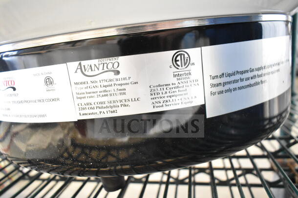 "Brand new Avantco 177GRCB110LP gas rice cooker, 110 cup capacity, 25,000 BTU, liquid propane, certification labels visible."