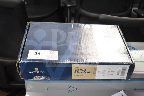 Brand new Monix Waterloo 750FD812 deck-mounted faucet box. Features 8" centers, 12" swing spout. Label shows specs.