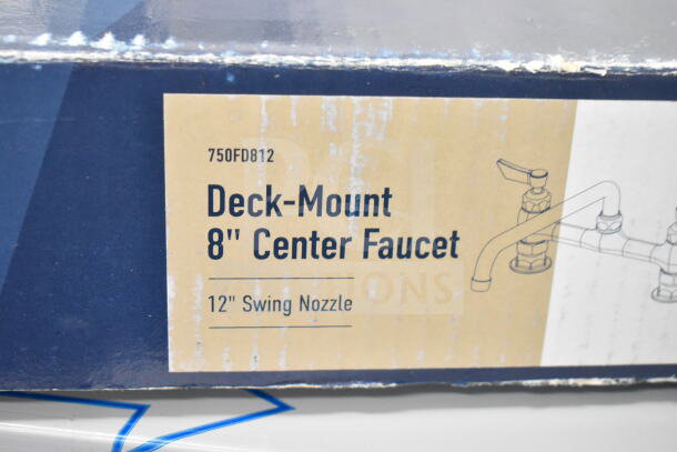 Monix Waterloo deck-mounted faucet, 8" centers, 12" swing spout, model 750FD812, brand new, scratch and dent condition.
