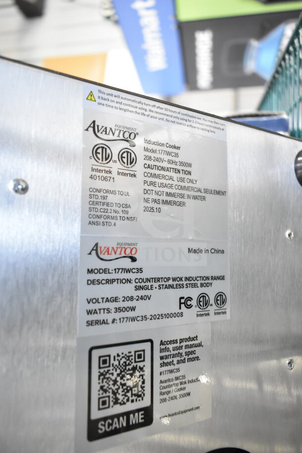 Brand new Avantco 177IWC35 countertop wok induction range, 208-240V, 3500W, stainless steel, commercial use label, QR code.
