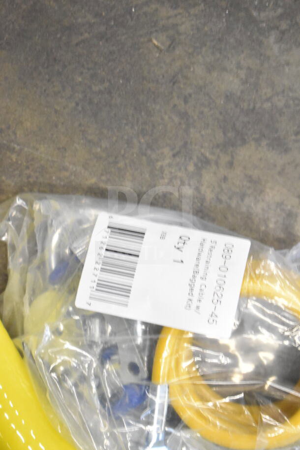 Brand new T&S HG-4D-48K 48" yellow coated steel gas connector hose with installation kit, 3/4" NPT, in packaging.