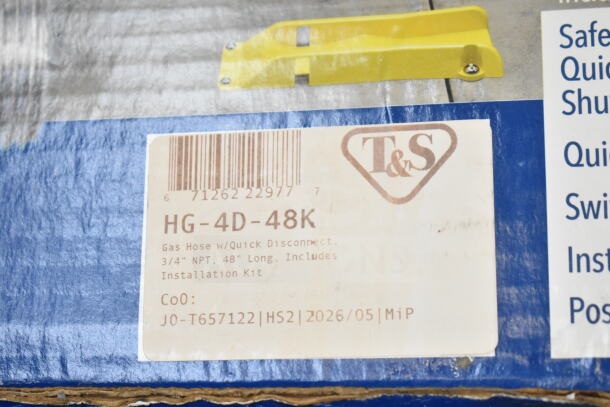 Brand new T&S HG-4D-48K gas appliance connector hose, 48" yellow coated steel, 3/4" NPT, with FreeSpin fitting and kit.