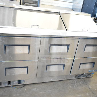 Brand new True TFP-72-30M-D-6-HC refrigerated sandwich prep table, six drawers, scratch and dent, 115V, 1 phase.