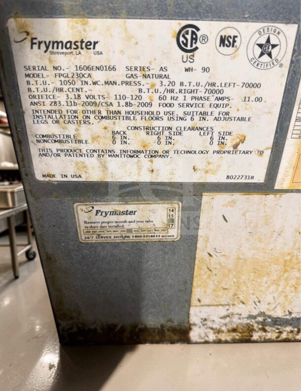 Frymaster FPGL230CA natural gas fryer label showing model and specifications. Energy-efficient, 60 lb capacity, certified.