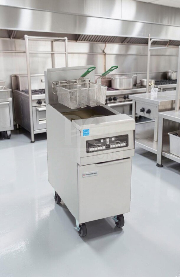 Frymaster PMJ135ESD single pot fryer, 40 lb capacity, natural gas, NSF certified, stainless steel, excellent condition.