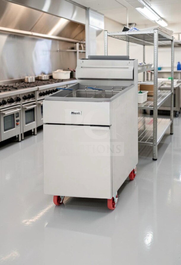 Migali C-F75E-NG floor fryer, 75 lb capacity, ENERGY STAR®, natural gas, outstanding condition, in commercial kitchen.