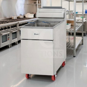 Migali C-F75E-NG floor fryer, 75 lb capacity, ENERGY STAR®, natural gas, outstanding condition, in commercial kitchen.