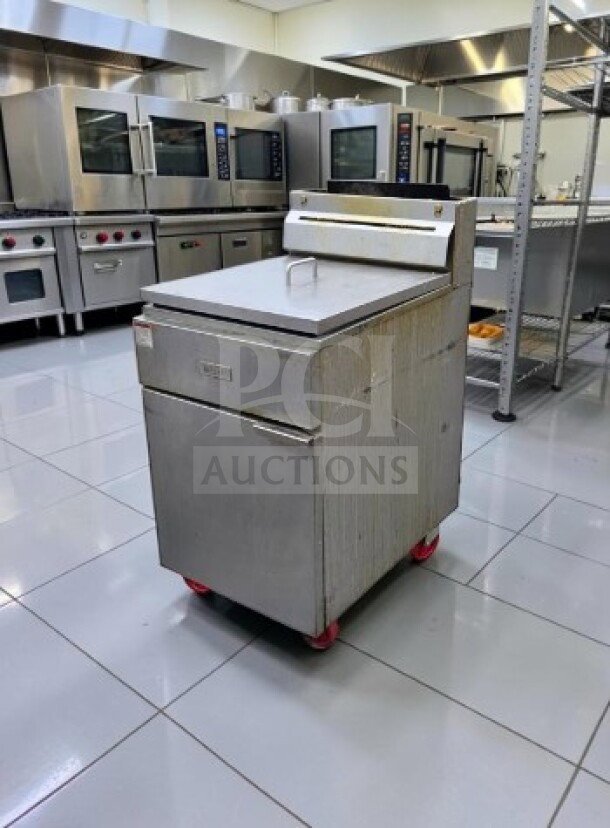 Migali C-F75E-NG floor fryer, stainless steel, 75 lb capacity, natural gas, excellent condition, ENERGY STAR® certified.