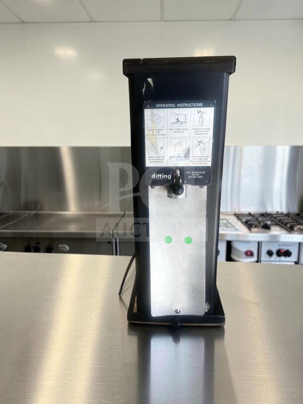 Ditting KR1203 espresso coffee grinder, elite condition, Swiss-made, 120V, fully tested, black with instructions label.