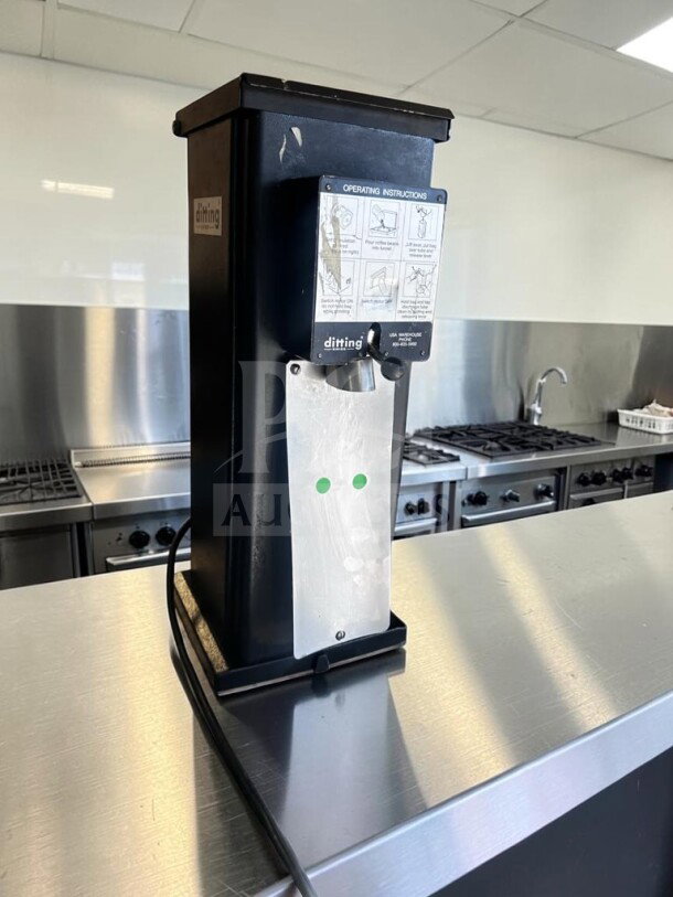 Ditting KR1203 commercial espresso coffee grinder, elite condition, fully tested, Swiss-made, 120V, with operation instructions.